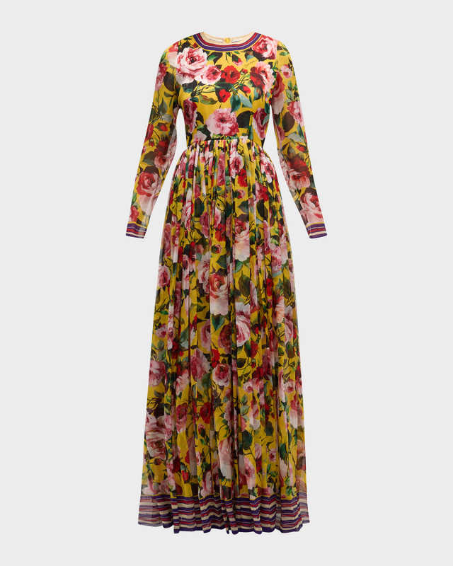 Floral Striped-Print Long-Sleeve Fit-&-Flare Gown